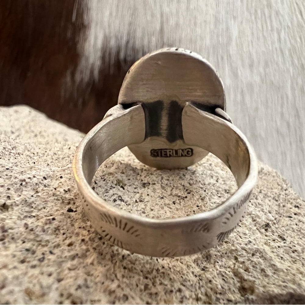 ❤️ Black Jack Turquoise Sterling Stamped 5mm Band Size 7 Navajo Style Ring 6.7G - Picture 6 of 13